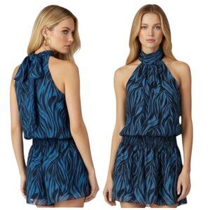 Ramy Brook Silk Halter Mini Dress Zebra Print Blue Size L